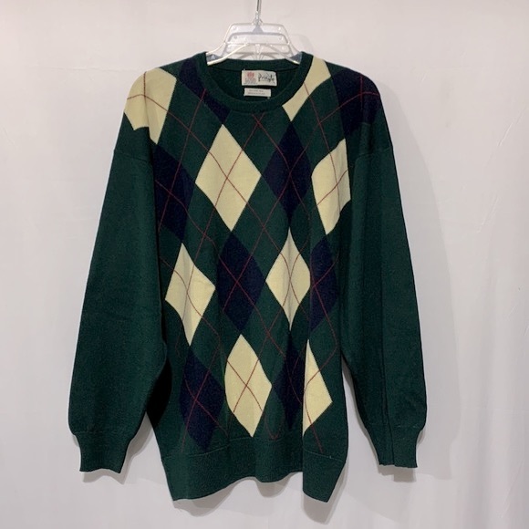 PRINGLE of SCOTLAND argyle pure wool sweater crewneck longsleeves men’s Large - Picture 1 of 10